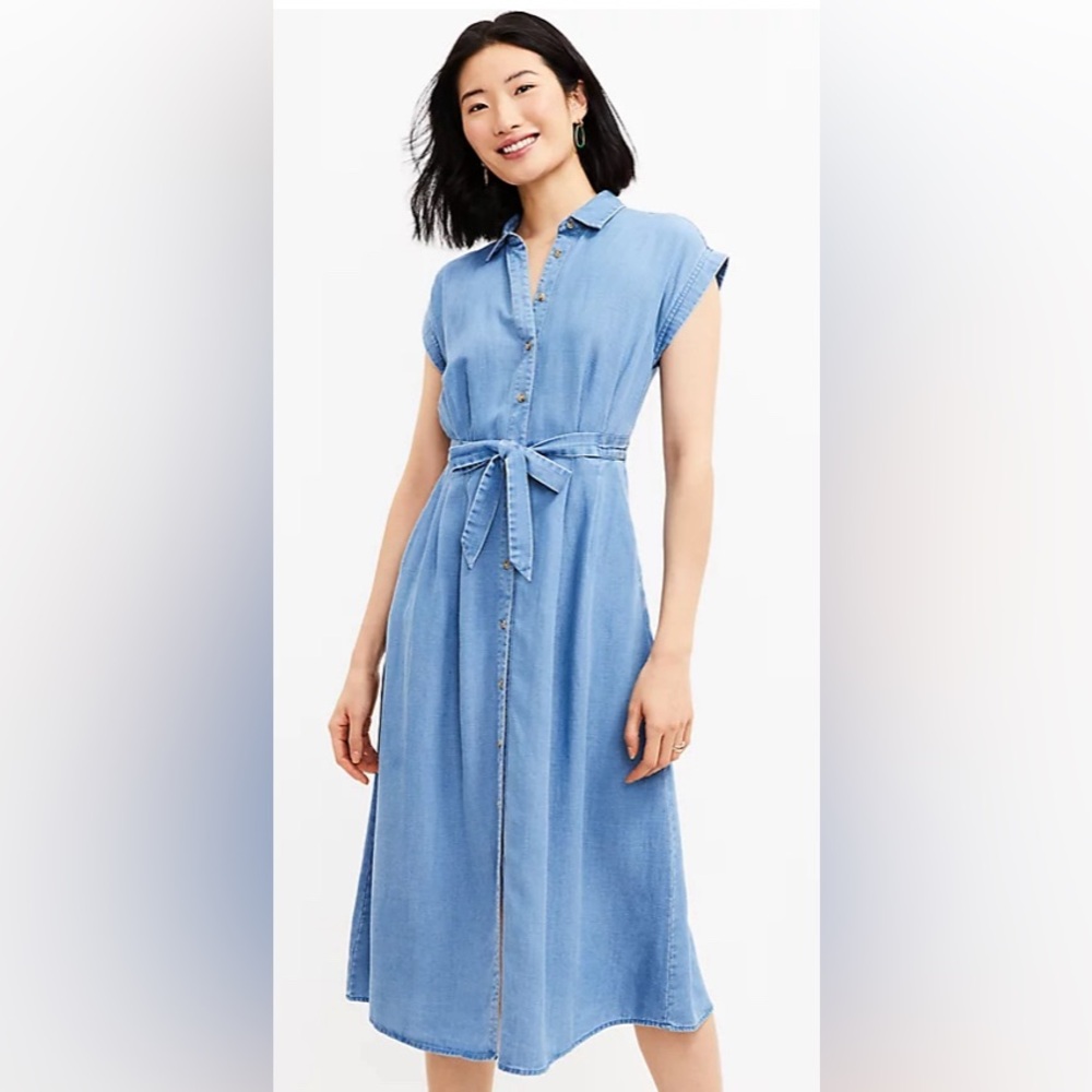 LOFT Chambray Midi  Linen Blend Shirt Dress